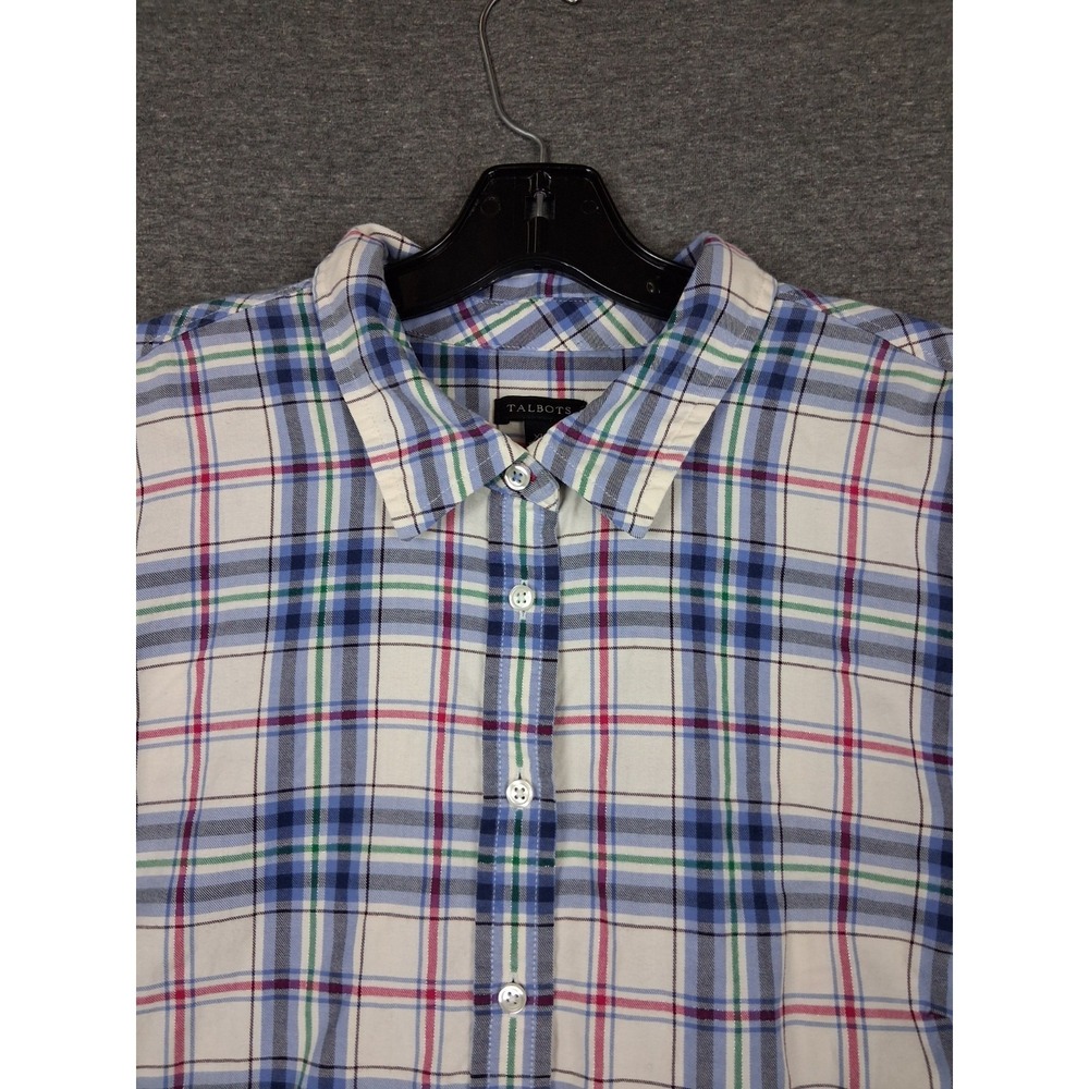 Talbbots Womens Shirt XL Blue Metallic Plaid Button Up Cotton Travel Office